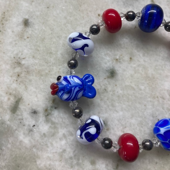 Handmade Artisan Red/White/Blue Glass Beaded Bracelet - Picture 4 of 6